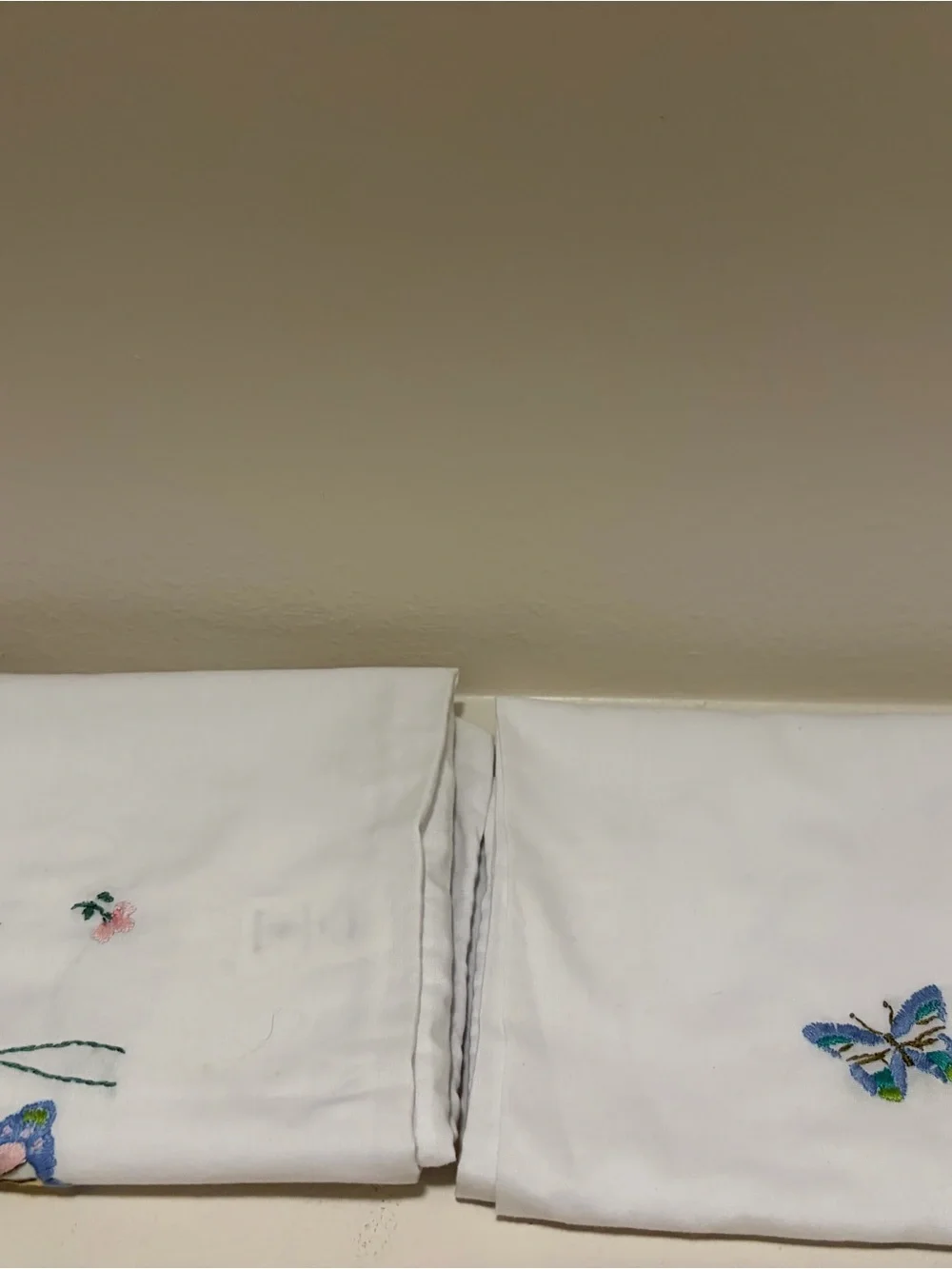 Vintage Embroidered White Standard Pillowcases Butterflies In Flight by Bucilla
